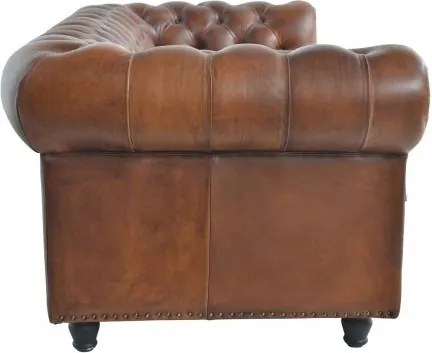 Canapea Chesterfield extensibilă 3 locuri din piele naturală cognac, cu ținte decorative și picioare strunjite, 102 x 220 x 102 cm, „Hargreaves”