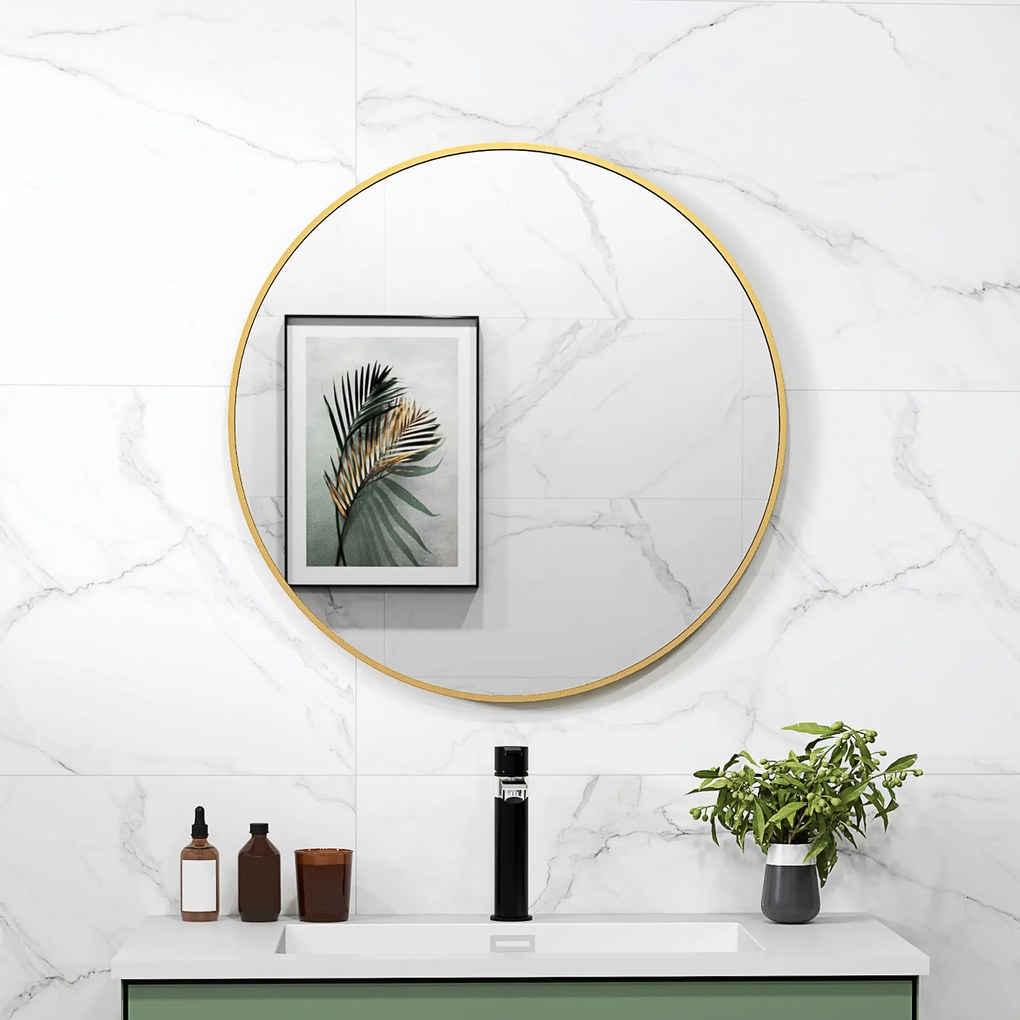 HOMCOM Oglindă Rotundă pentru Baie, din Sticlă și Oțel, Ø70x2.5 cm, culoare Auriu | Aosom Romania
