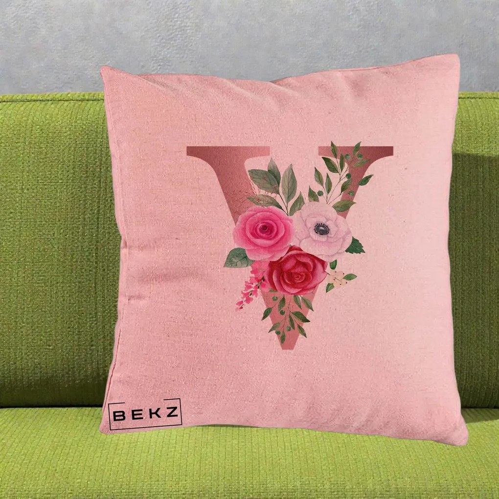 Cadou Personalizat - Perna Personalizata Monograma Rose Gold Litera V, 40x40 cm, Roz, Husa Detasabila, Perna Inclusa, BEKZ®