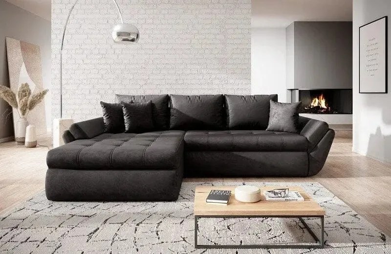 Colțar extensibil dumonde cu ladă de depozitare si sezut confortabil din spuma high-density, Loana Madagaskar Black 270x185 cm