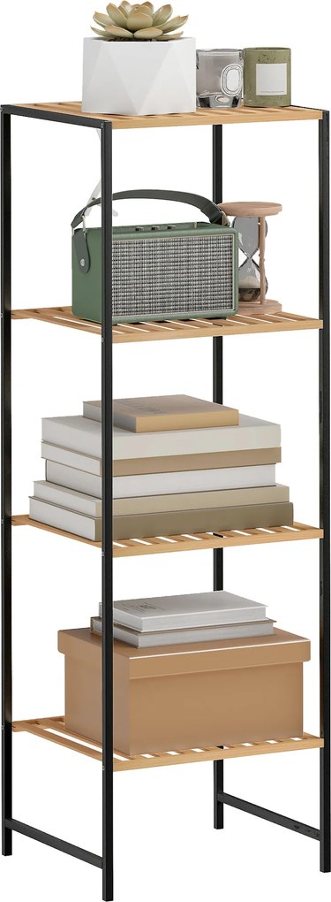 HOMCOM Raft din bambus și oțel, cu 4 polițe, raft cu 4 niveluri, 36,5 x 33 x 110 cm, lemn natural | Aosom Romania