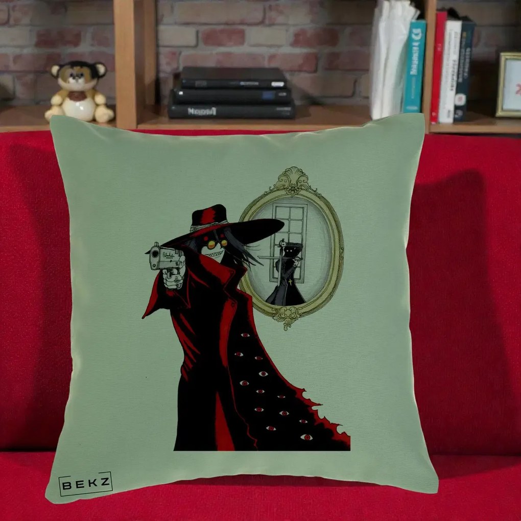 Perna Personalizata Hellsing Alucard cu Pistoale, 40x40 cm, Verde, Husa Detasabila, Perna Inclusa, BEKZ®