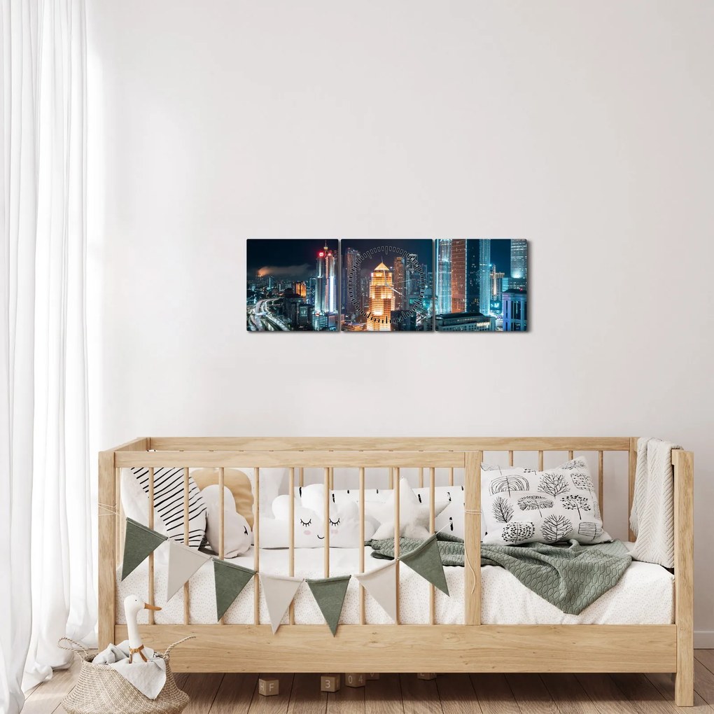Tablou - Noaptea în Kuala Lumpur (cu ceas) (90x30 cm)