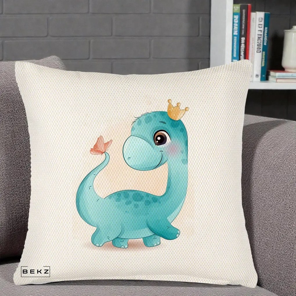 Perna Personalizata Dinozaur Bland Coroana Kawaii, 40x40 cm, Crem Reliefat, Husa Detasabila, Perna Inclusa, BEKZ®