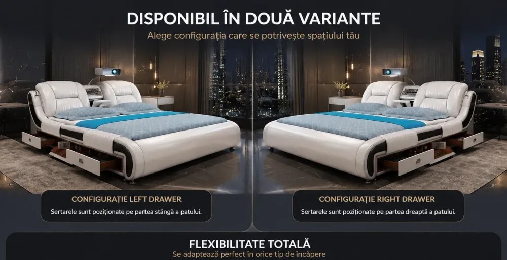MOB05 Premium 180x200 cm Beige Right Drawer – Pat Inteligent Premium cu Proiector, Purificator de Aer, Vibromasaj, Boxe Bluetooth, Seif Integrat și Spații de Depozitare