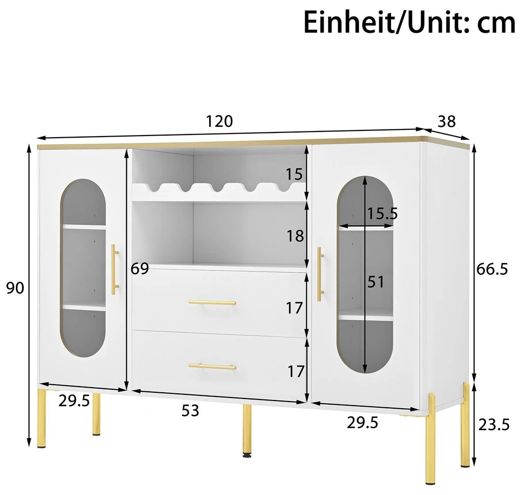 Comodă cu fronturi din sticlă, suport pentru vinuri și mult spațiu de depozitare, 120x38x90 cm, Alb