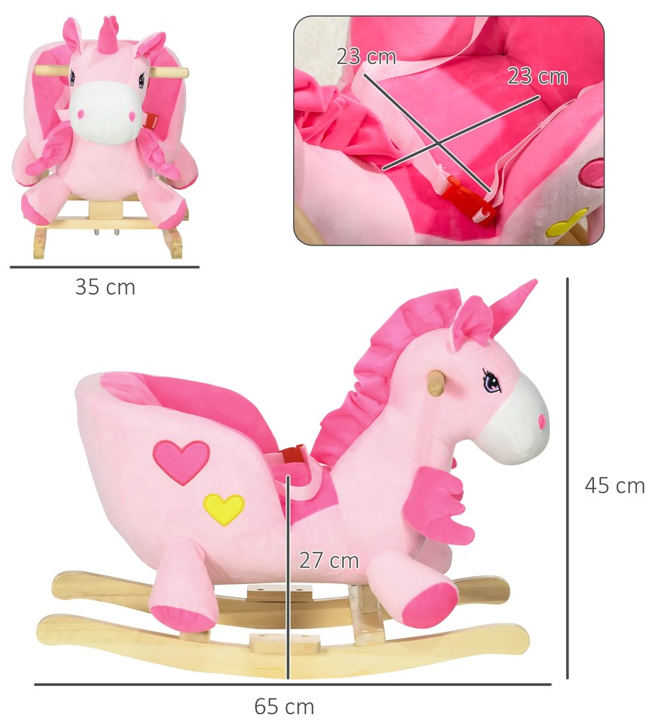 HOMCOM Calut Balansoar, Unicorn Balansoar din Pluș cu Bază din Lemn și Centură de Siguranță pentru Copii, 65x35x45 cm, Roz | Aosom Romania