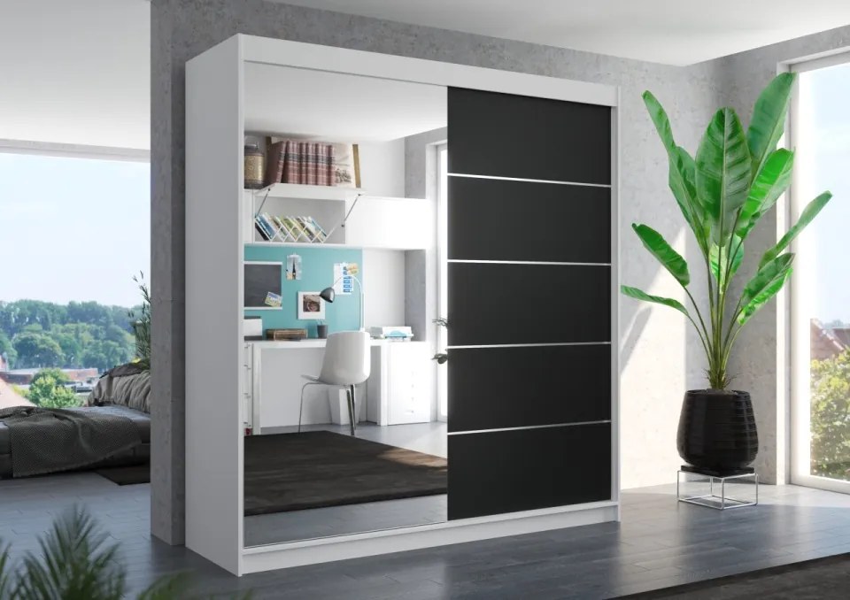 Dulap cu usi glisante si oglinda 200x215 cm, Oliver, ADRK Furniture (Culoare: Negru / Alb)