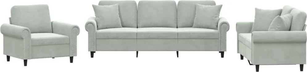 vidaXL Set de canapele, 3 piese, cu perne, gri deschis, catifea