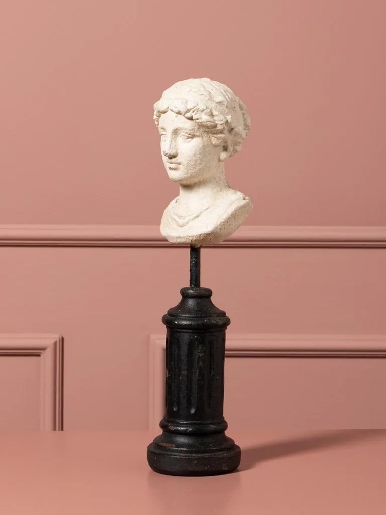 Sculptură decorativă bust antic de femeie din rășină, natur, pe piedestal din lemn, finisaj antichizat, 35,5 x 9 x 10,5 cm, „Lucretia”