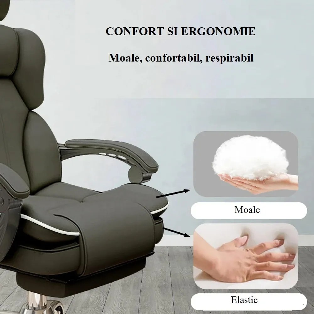 RESIGILAT- Scaun directorial, suport pentru picioare reglabil, pivotant la 360°, înălțime reglabilă, cotieră moale, piele PU rezistentă, Negru/Alb