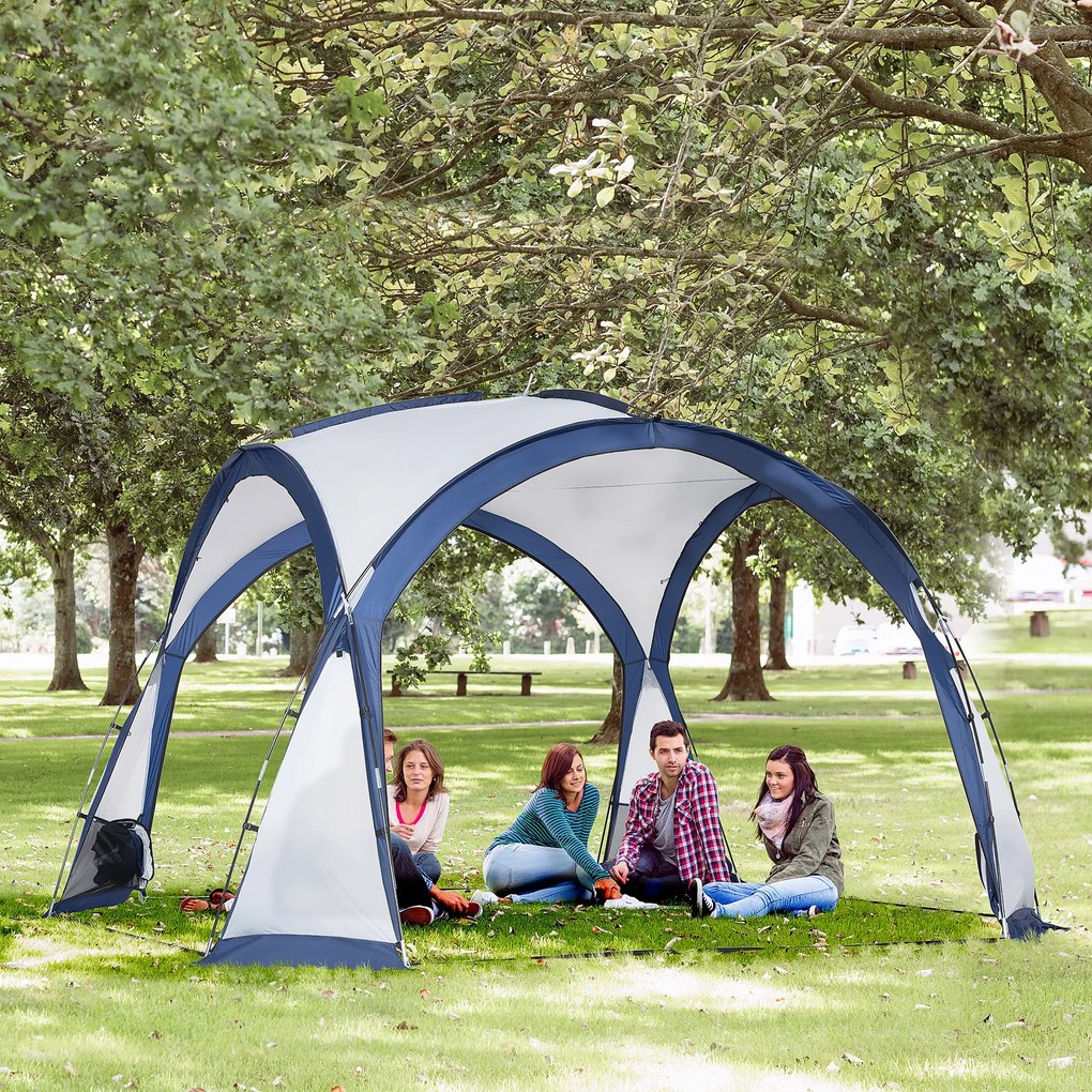 Outsunny Cort de camping dôme pentru familie pentru 6-8 persoane cu 4 uși din plasă cu fermoar, material Oxford detașabil, cârlig pentru lampă, sac de transport dim. 350L x 350l x 230H cm - alb și albastru | Aosom Romania