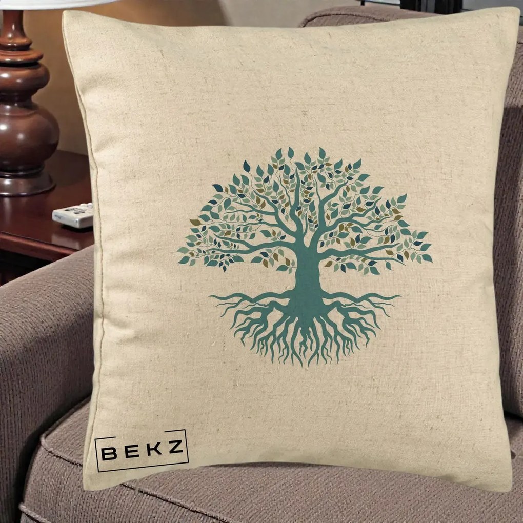 Perna Decorativa Copacul Vietii Teal cu Radacini, 40x40 cm, Bej, Husa Detasabila, Perna Inclusa, BEKZ®