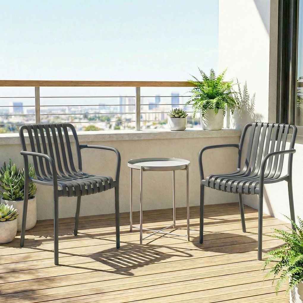 Outsunny Set 4 scaune pentru grădină Scaune stivuibile pentru terasă cu design cu lamele și cotiere, ergonomice Gri închis | Aosom Romania