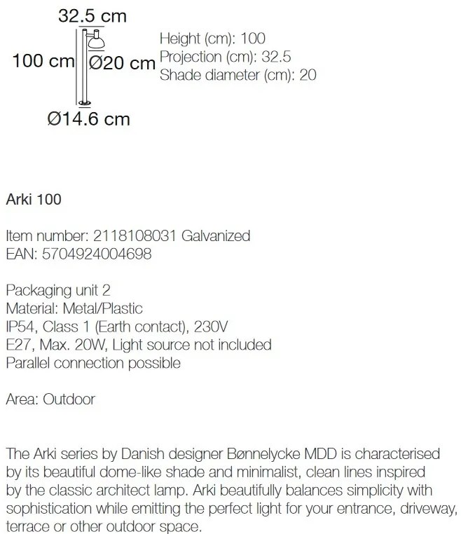 Stalp design modern IP54 Arki 100 galvanizat 2118108031 NL