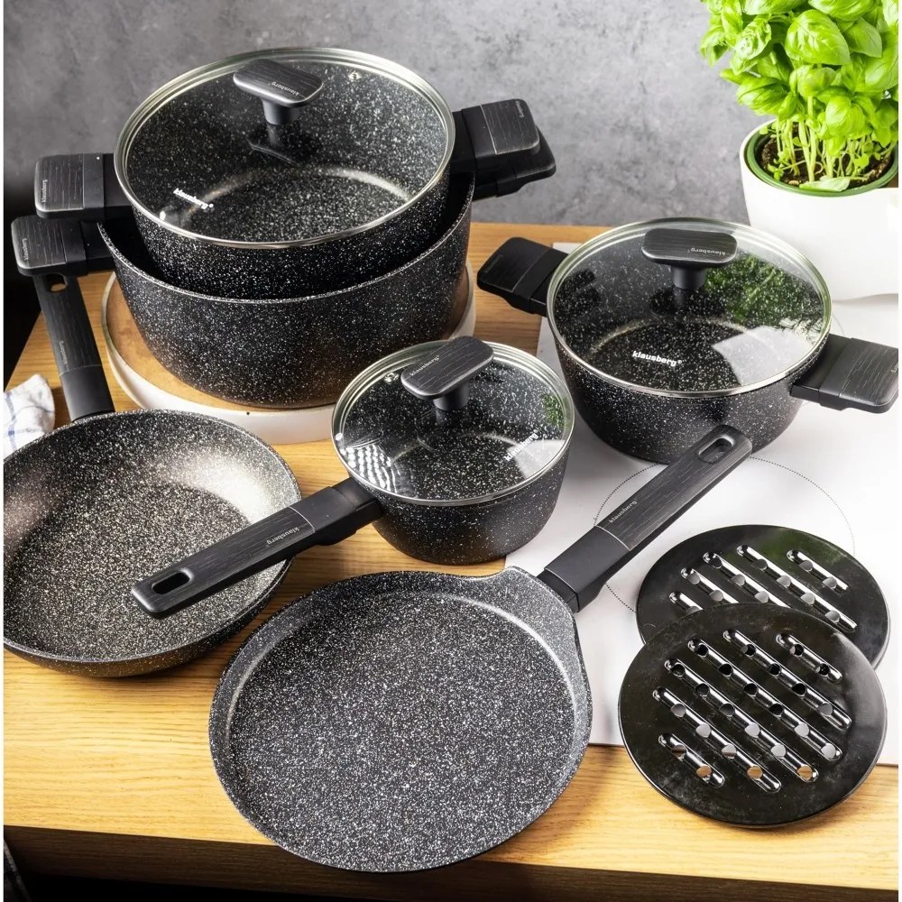 Set oale și tigăi cu capace, strat antiaderent, Klausberg KB7830 – 12 piese, 16–28 cm, compatibil inducție, negru
