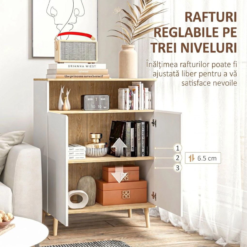 HOMCOM Bufet de bucătărie scandinav cu 2 uși, raft reglabil și picioare din lemn de pin, 80x38x102 cm, alb și stejar | Aosom Romania