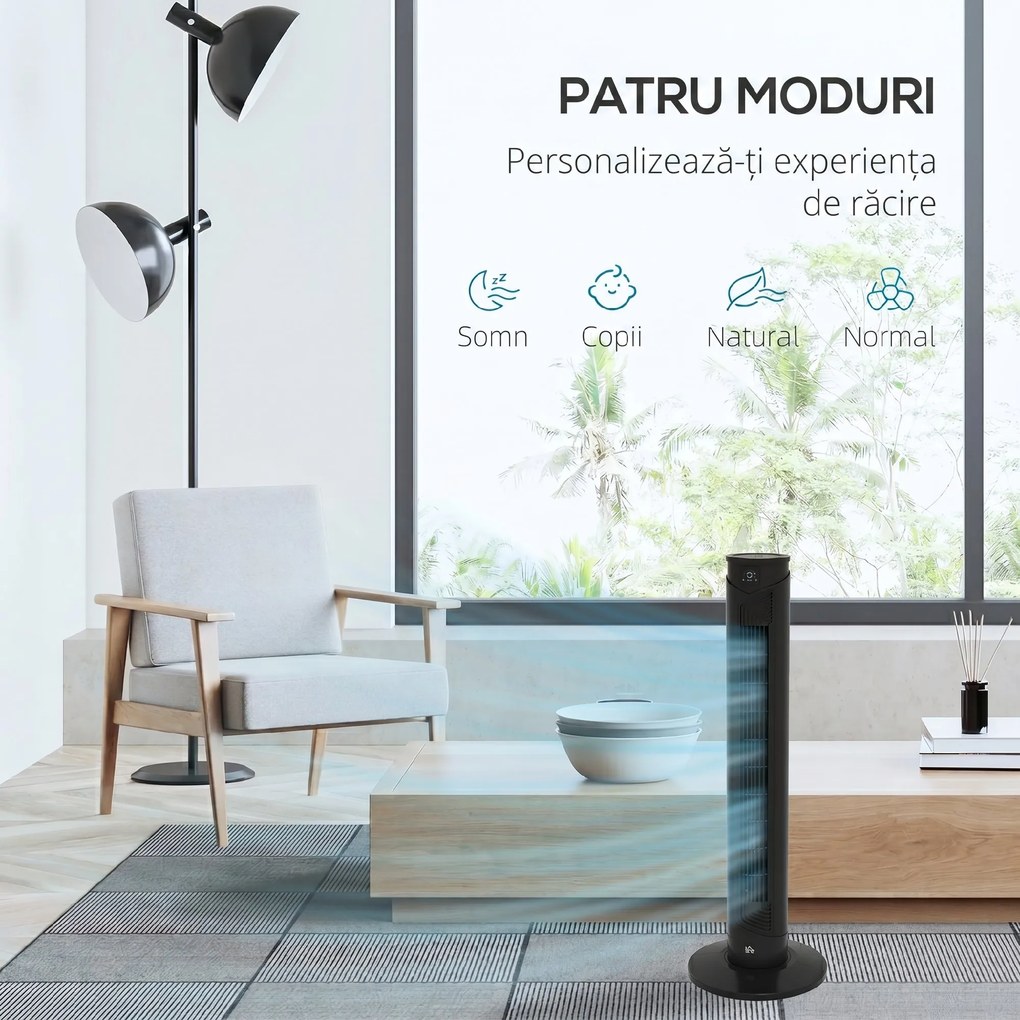 HOMCOM Ventilator Oscilant de Turn, 3 Viteze, Telecomandă, Temporizator, Mod Repaus, Ideal pentru Acasă | Aosom Romania