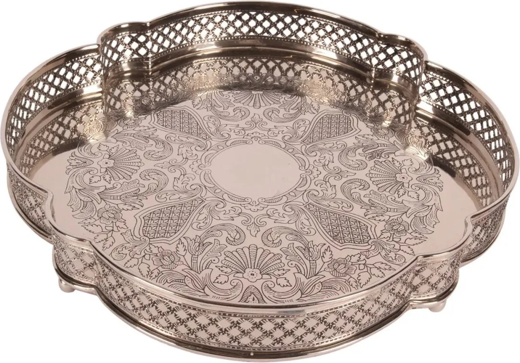 Tavă din alamă lucrată manual, argintie, cu bordură înaltă decupată și fund gravat, pe picioare, aspect vintage, finisaj nichelat, 6 x 39 x 38 cm,