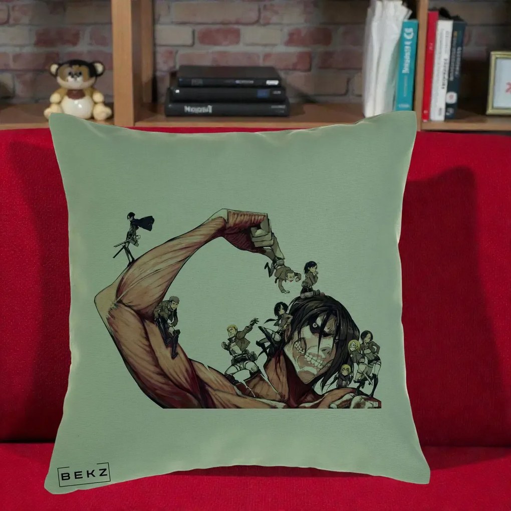 Perna Personalizata Attack on Titan Eren Titan Grup, 40x40 cm, Verde, Husa Detasabila, Perna Inclusa, BEKZ®
