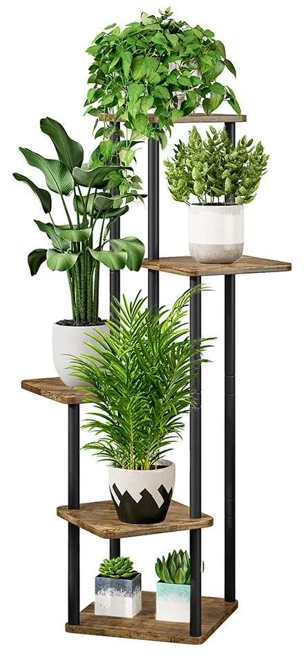 Suport de flori din metal, negru/lemn rustic, ADITE | BIANO