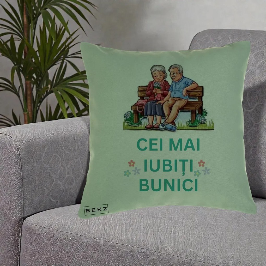 Cadou pentru Bunici - Perna Personalizata Cei Mai Iubiti Bunici Cuplu pe Banca Ilustratie, 40x40 cm, Verde, Husa Detasabila, Perna Inclusa, BEKZ®