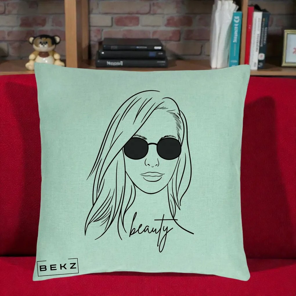 Perna Decorativa Beauty Girl Line Art, 40x40 cm, Verde Menta, Husa Detasabila, Perna Inclusa, BEKZ®