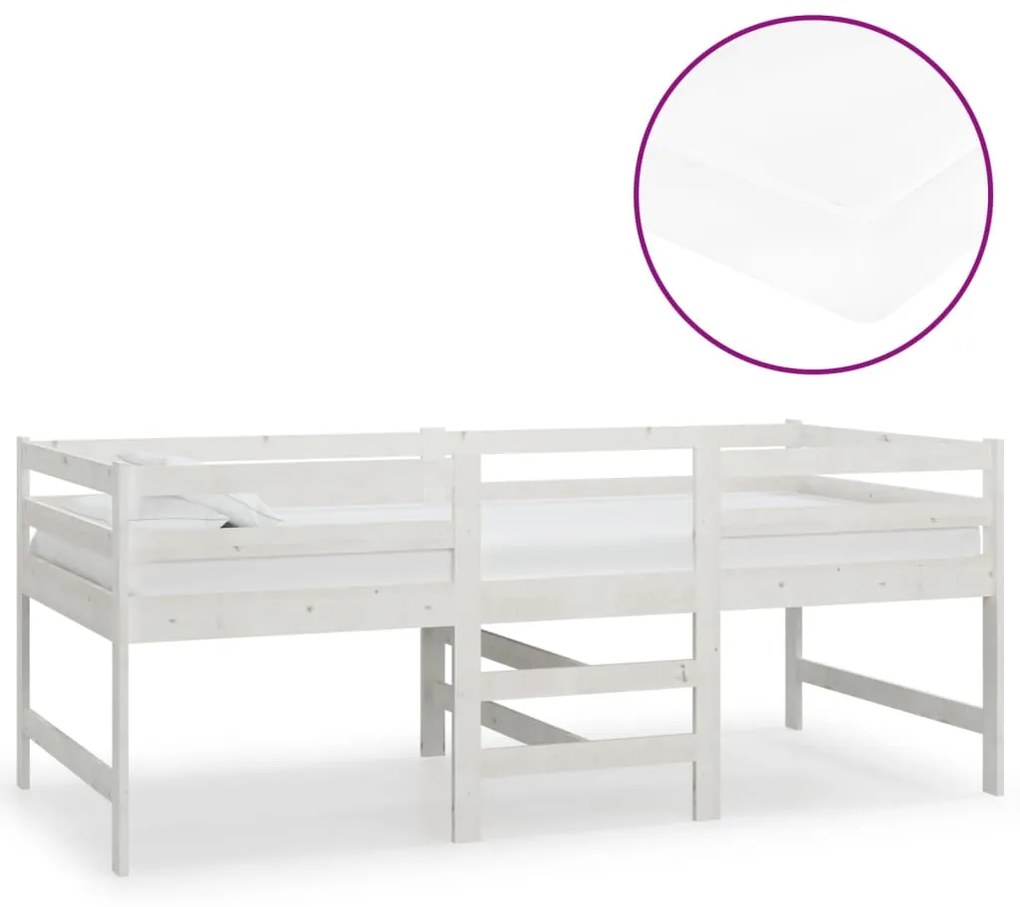 3083715 vidaXL Pat înălțime medie cu saltea, alb, 90x200 cm, lemn masiv pin