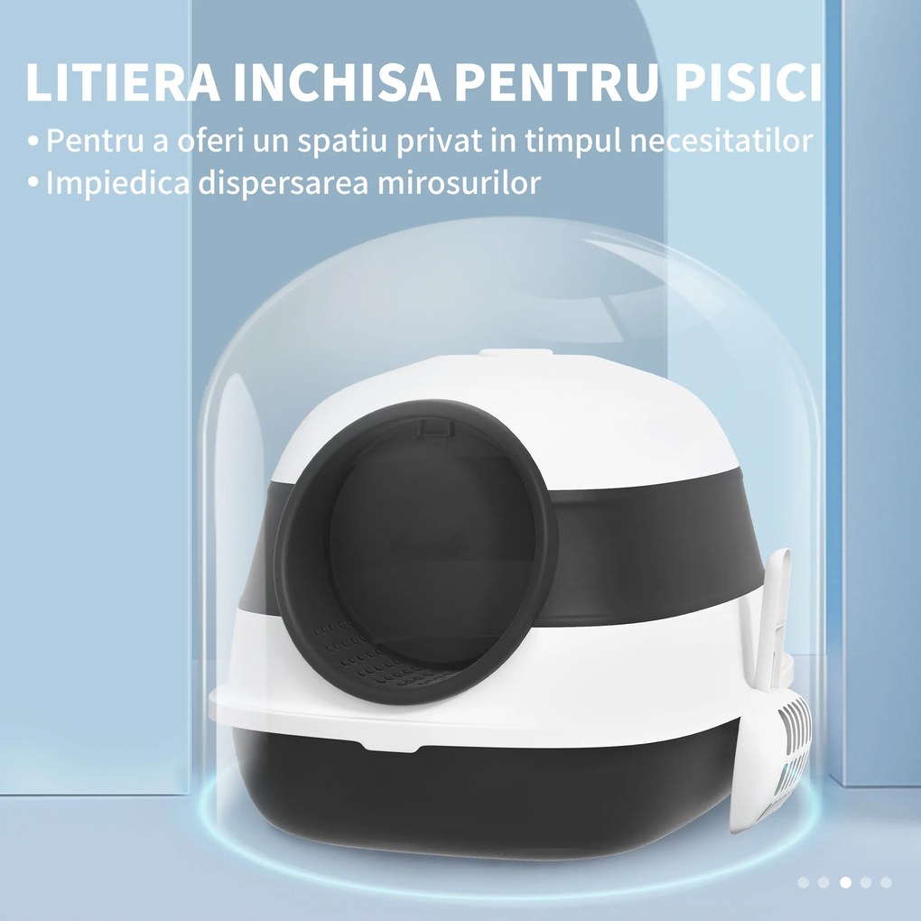 PawHut Litieră pentru Pisici cu Capac, Lopățică și Deodorant Inclus, 52x41x38 cm, Negru | Aosom Romania