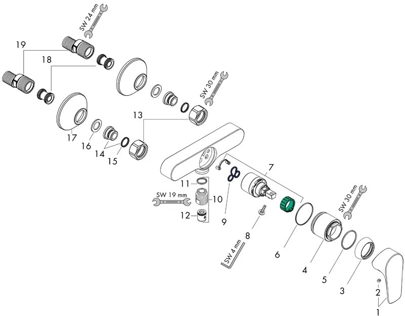 Baterie dus montaj pe perete, Hansgrohe, Talis E, Crom