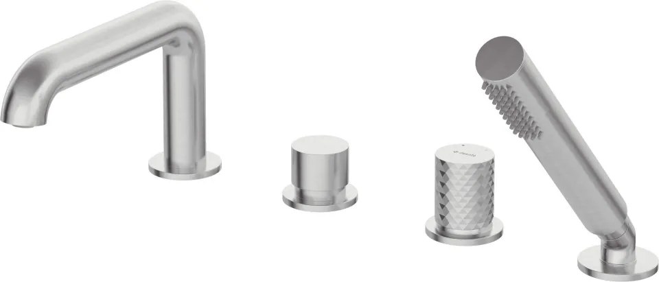 🛁 Baterie pentru cadă SILIA HEXA, 4 orificii, cu set de duș – Finisaj oțel șlefuit – Cod BHS_F14M