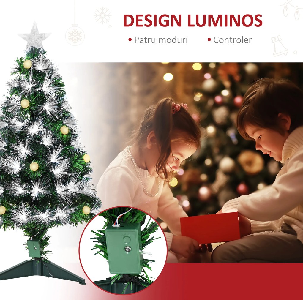 Brad de Craciun artificial cu ramuri cu becuri cu LED, decoratiune de Craciun de sarbatori, verde HOMCOM | Aosom RO