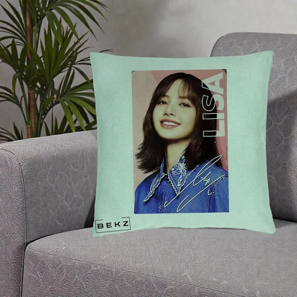 Perna Personalizata K-pop BLACKPINK Lisa cu Semnatura, 40x40 cm, Verde Menta, Husa Detasabila, Perna Inclusa, BEKZ®