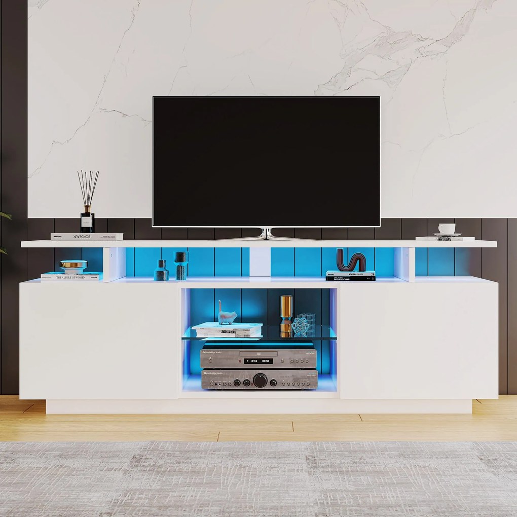 Modernă comodă TV cu iluminare LED în 16 culori, panou frontal lucios, raft de sticlă, 140×35×61 cm, Alb