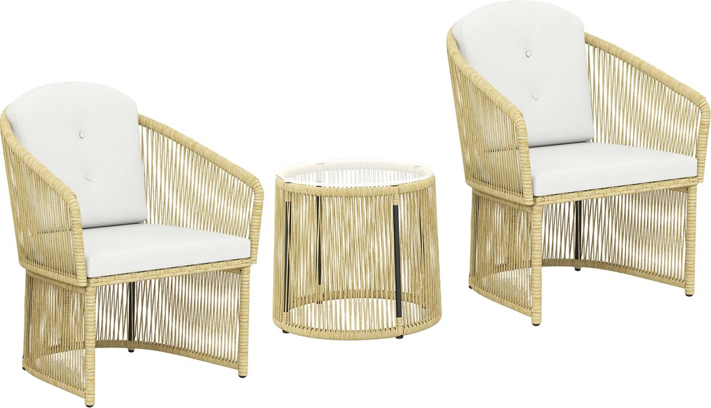 Outsunny Set de grădină exterior din rășină împletită pentru 2 persoane, masă de grădină exterioară cu 2 scaune cu perne, crem | Aosom Romania