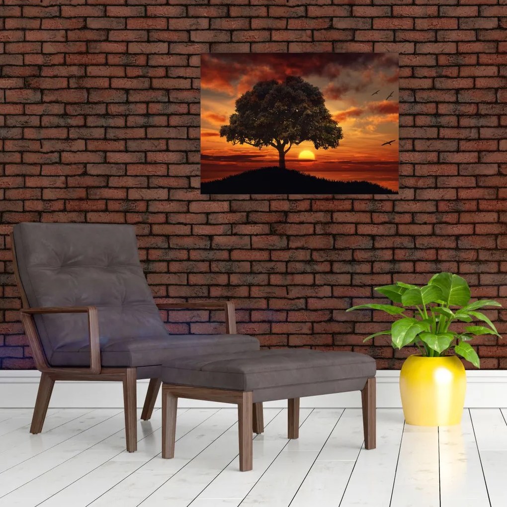 Tablou pe sticlă cu pomi și apus de soare (70x50 cm)