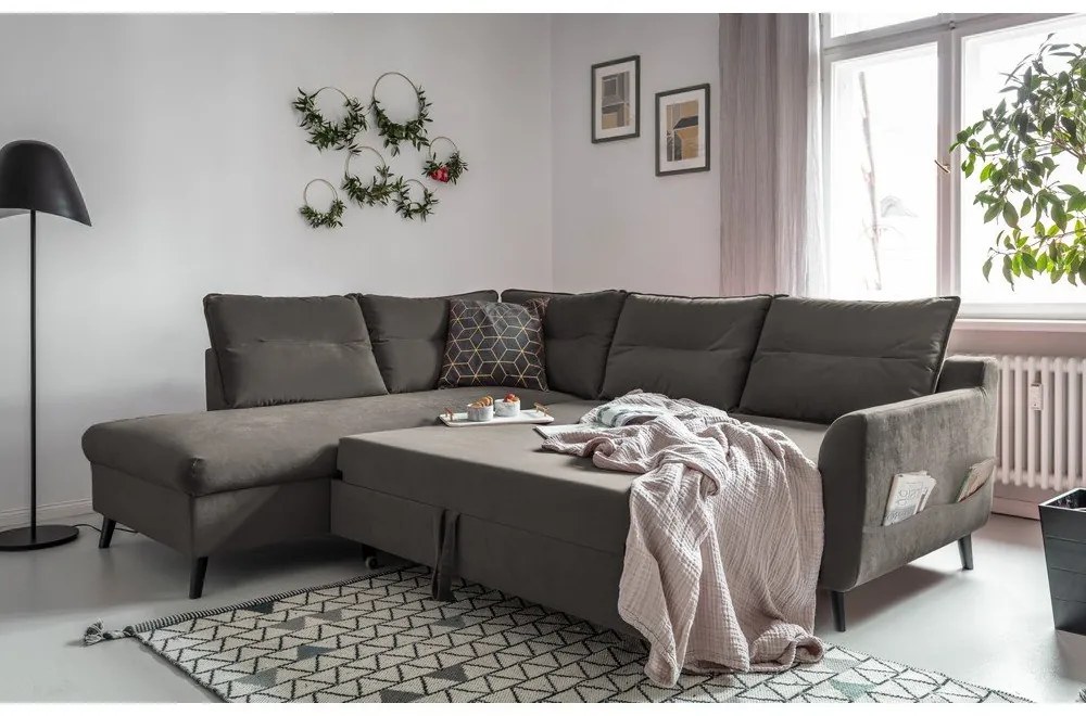 Colțar extensibil din catifea cu șezlong pe partea stângă Miuform Stylish Stan L, gri închis