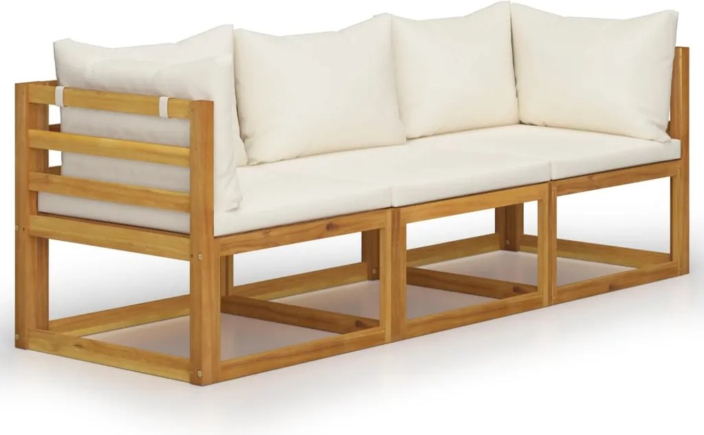 vidaXL Canapea de grădină 3 locuri cu perne, crem, lemn masiv acacia
