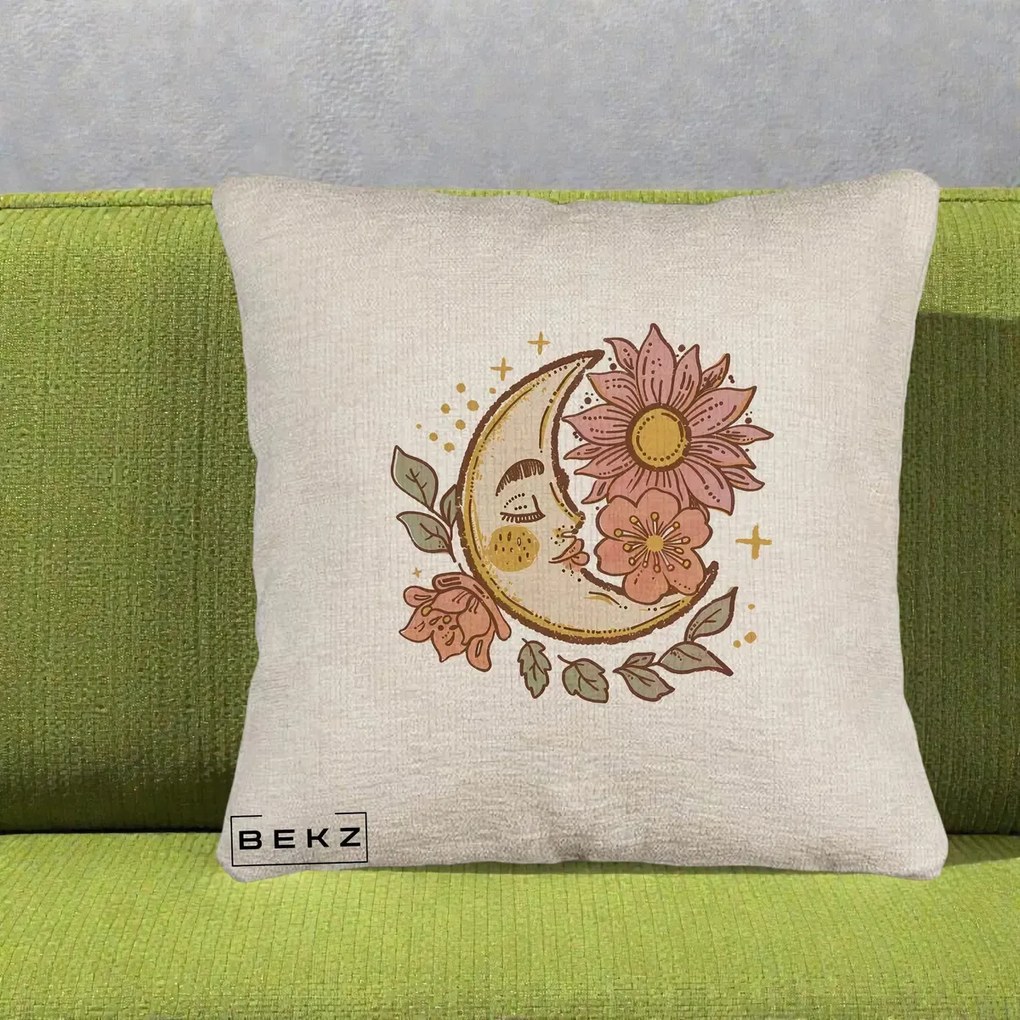 Perna Personalizata Luna Boho Chip Floral, 40x40 cm, Bej Canapea, Husa Detasabila, Perna Inclusa, BEKZ®