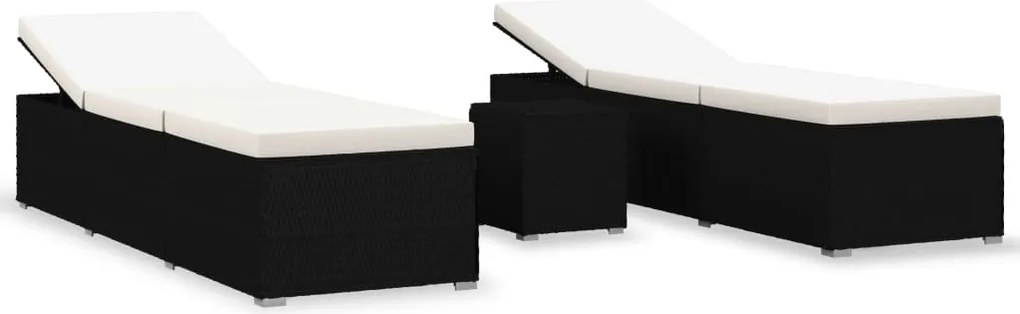 vidaXL Șezlonguri de grădină cu masă ceai, 3 piese, negru, poliratan