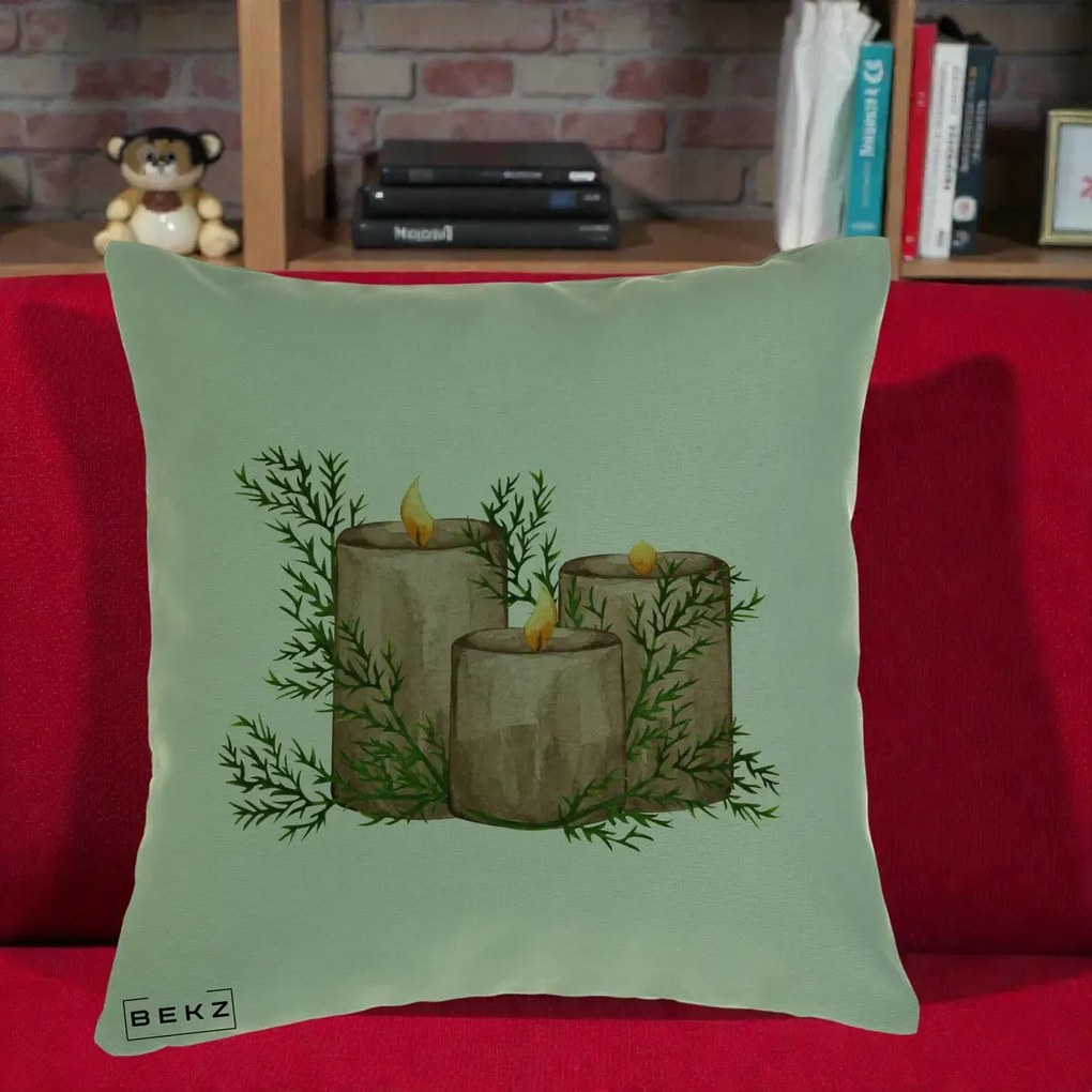 Perna Decorativa Lumanari Rustice cu Crengute Brad, 40x40 cm, Verde, Husa Detasabila, Perna Inclusa, BEKZ®