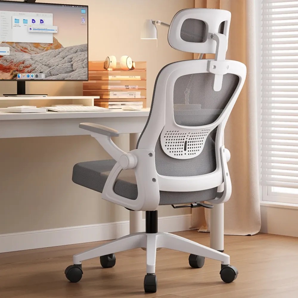 Scaun ergonomic, reglaje multiple, suport lombar, tetieră ajustabilă, Alb/Gri