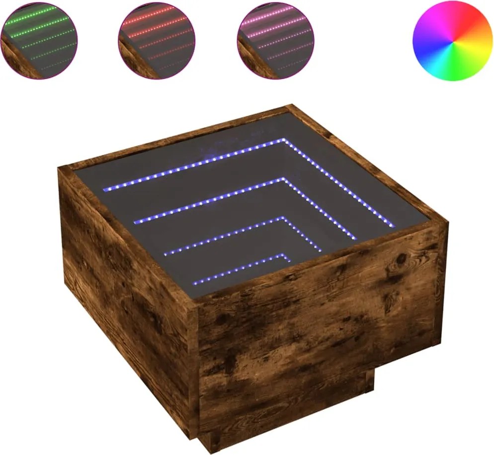 vidaXL Noptieră cu LED infinity, stejar fumuriu, 40x40x30 cm