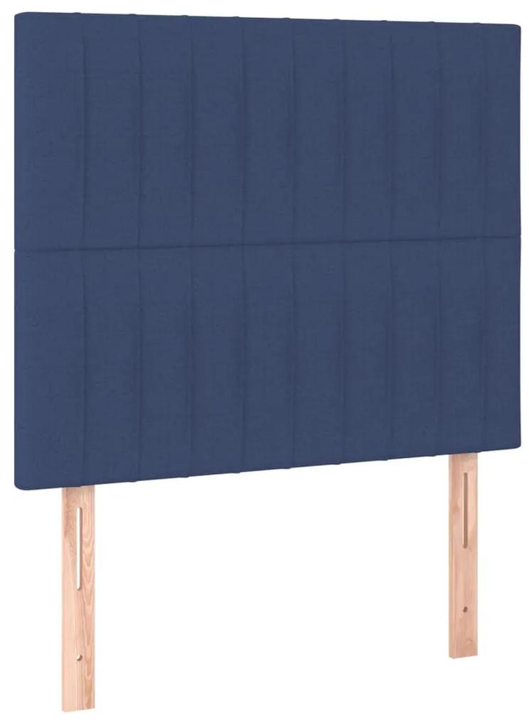 Pat box spring cu saltea, albastru, 90x190 cm, textil Albastru, 90 x 190 cm, Benzi verticale