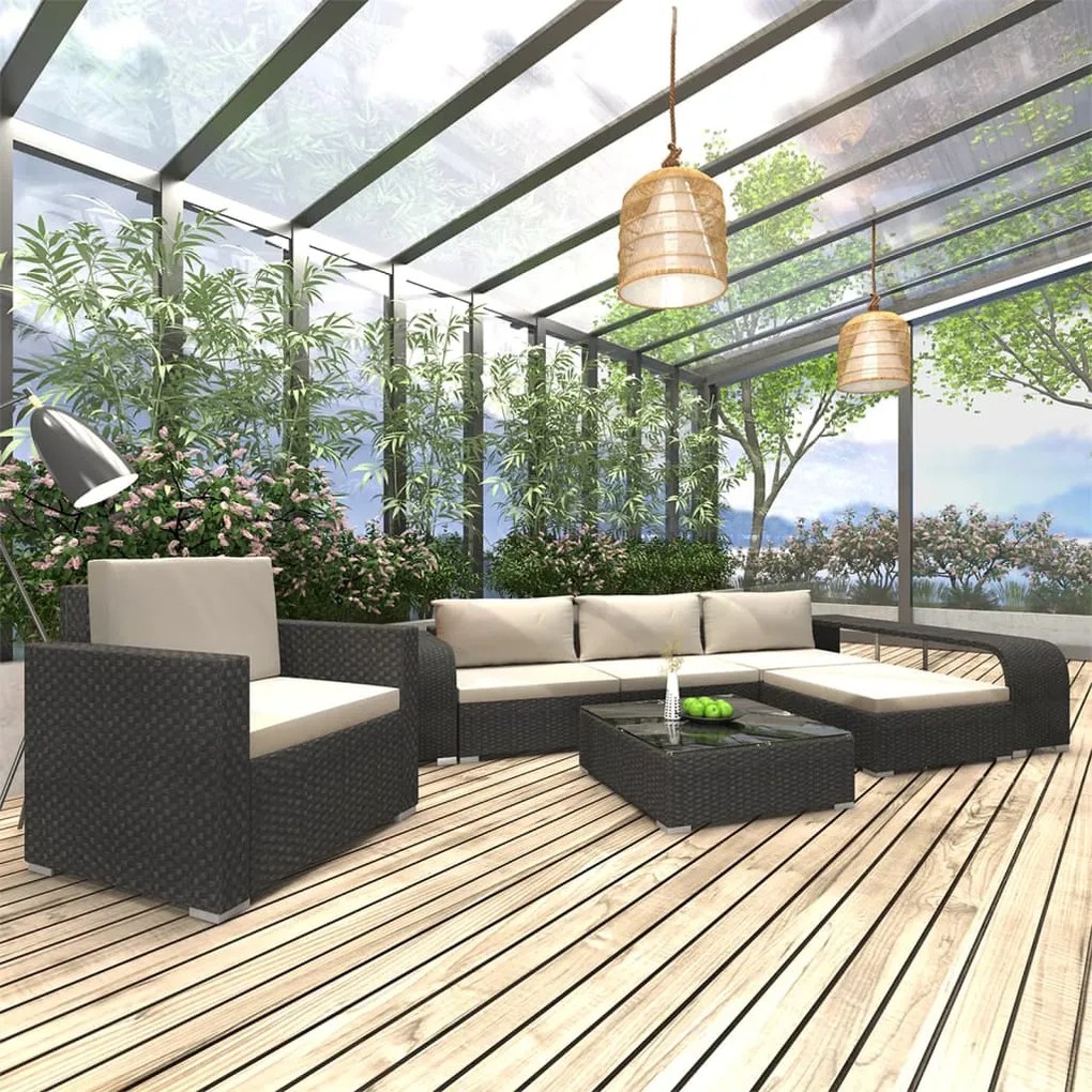46823 vidaXL Set mobilier de grădină cu perne, 8 piese, negru, poliratan