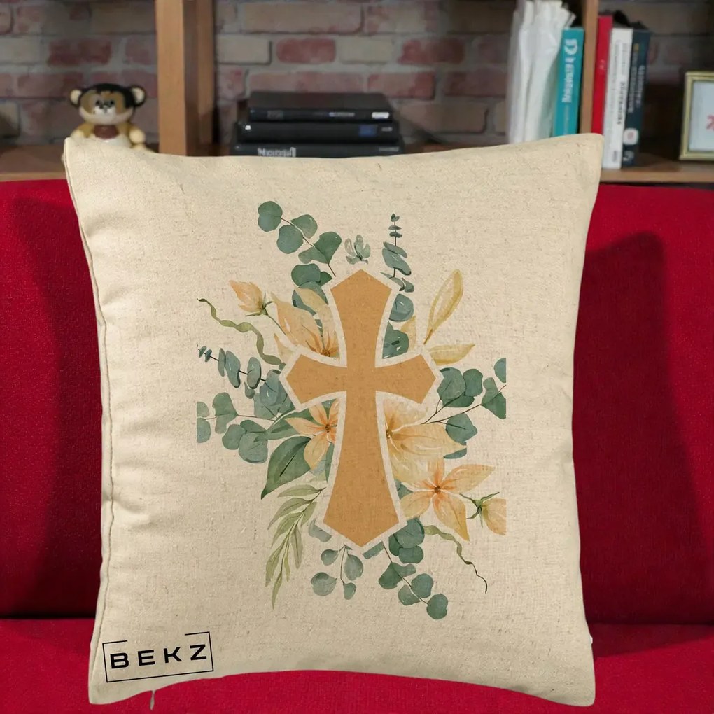 Perna Personalizata Cruce Florala Botez, 40x40 cm, Bej, Husa Detasabila, Perna Inclusa, BEKZ®