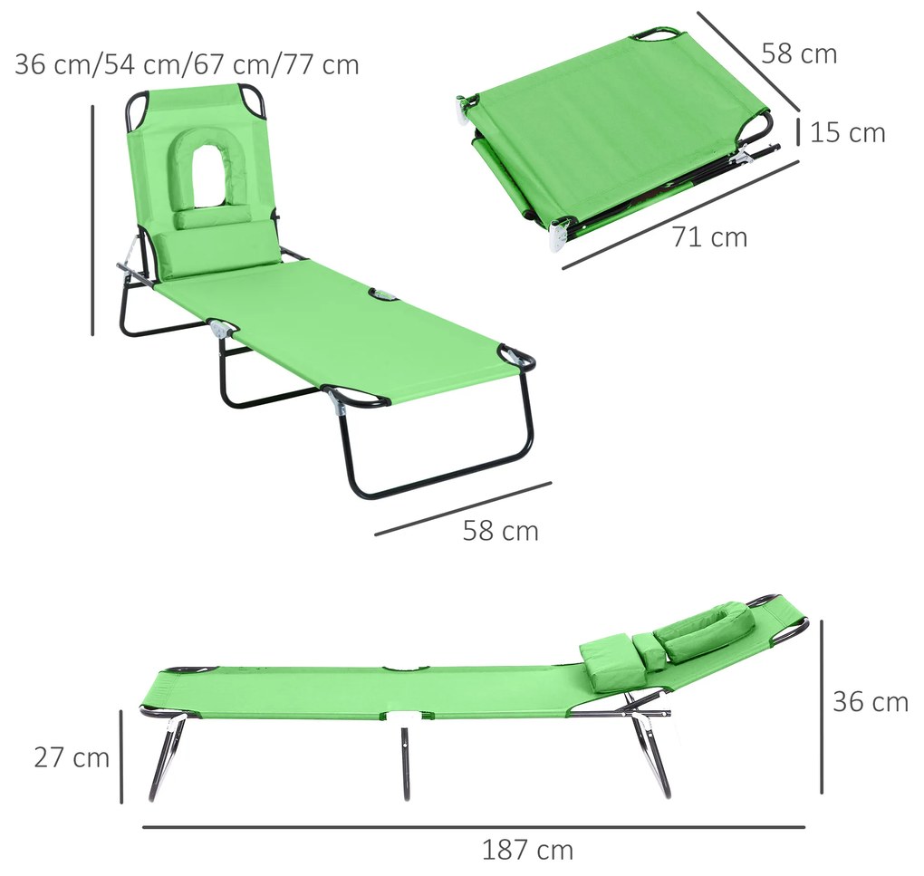 Sezlong Pliabil cu Orificiu pentru Fata si Perne Outsunny, pentru Gradina, Plaja si Camping, Verde | Aosom Romania