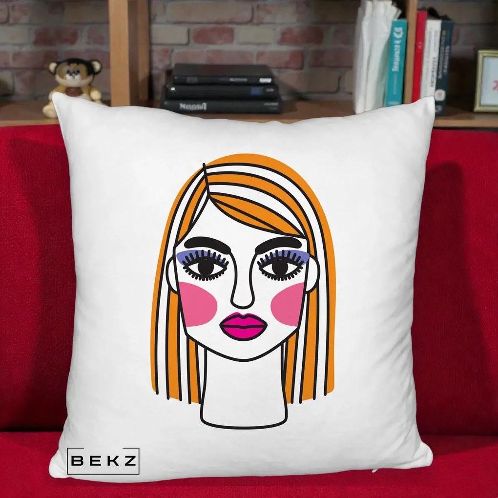 Perna Decorativa Portret Pop Art Fata, 40x40 cm, Alb Pufos, Husa Detasabila, Perna Inclusa, BEKZ®