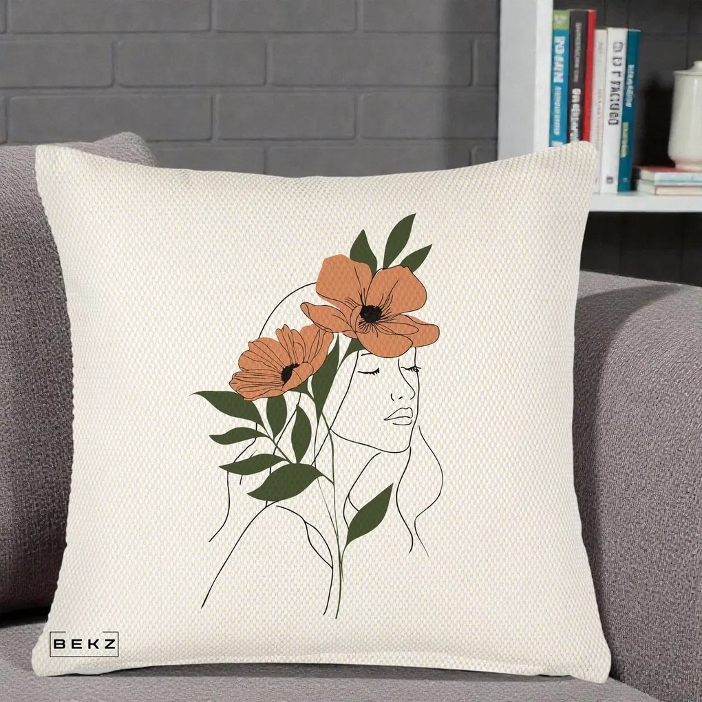 Perna Decorativa Portret Feminin Doua Maci Terracotta, 40x40 cm, Crem Reliefat, Husa Detasabila, Perna Inclusa, BEKZ®
