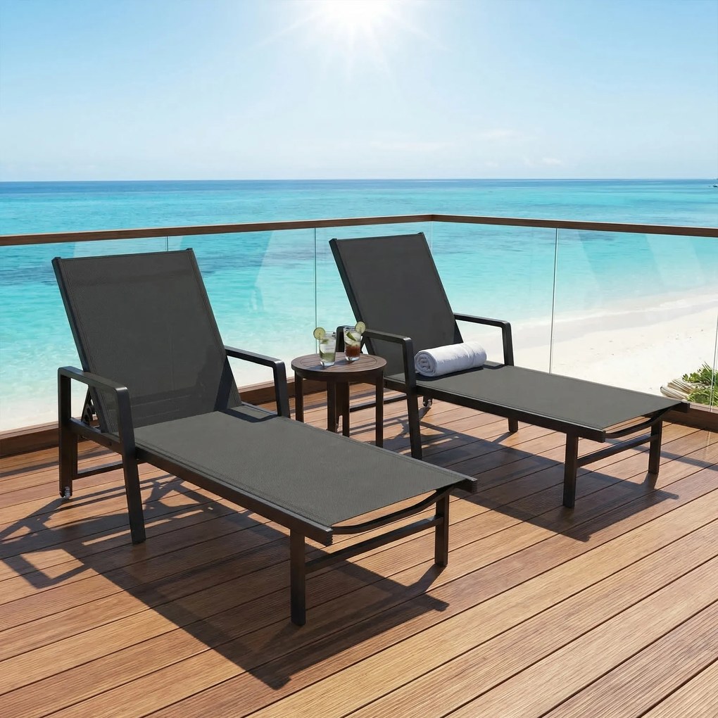 Outsunny Șezlong de grădină din textilenă și aluminiu, reglabil în 4 poziții cu roți și brațere, 65x189x80cm, Gri închis | Aosom Romania